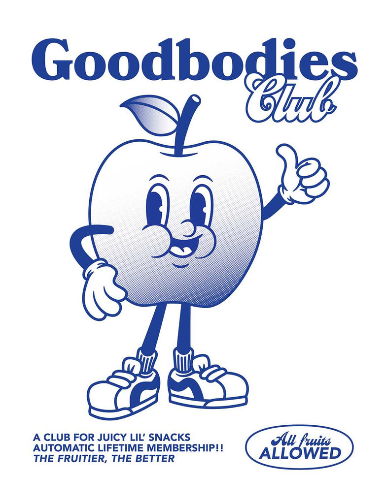 a detail shot of the apple graphic that says "good bodies club: a club for juicy lil' snacks automatic lifetime membership! the fruitier, the better all fruits allowed"