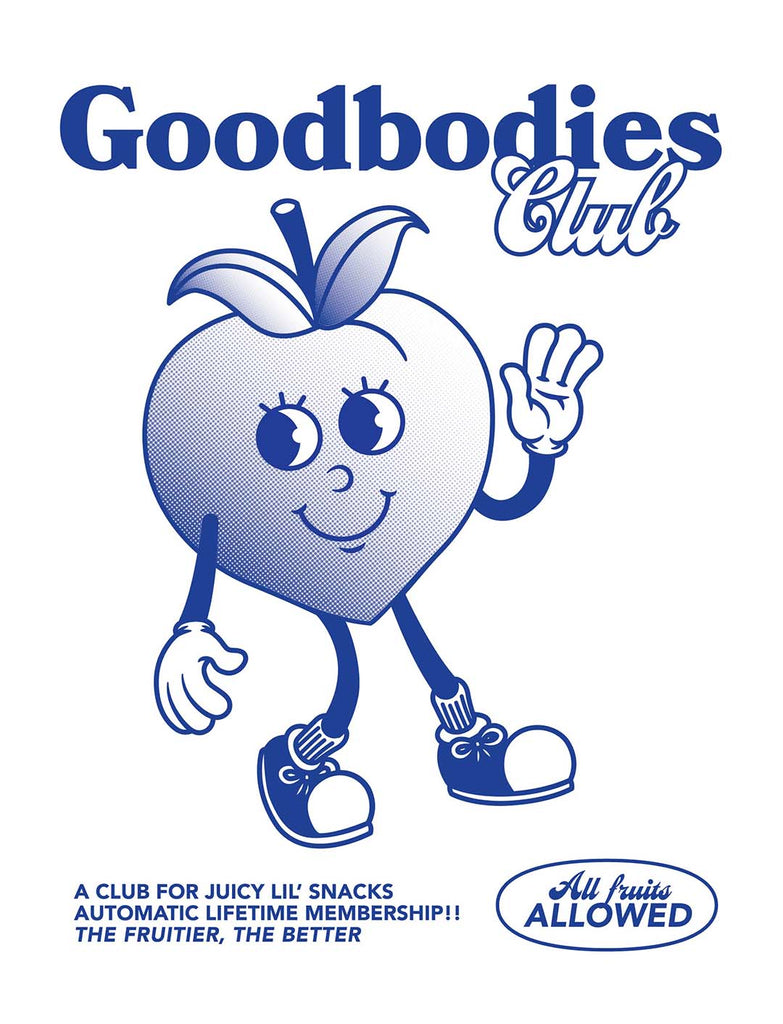 a detail shot of the peach graphic that says "good bodies club: a club for juicy lil' snacks automatic lifetime membership! the fruitier, the better all fruits allowed"