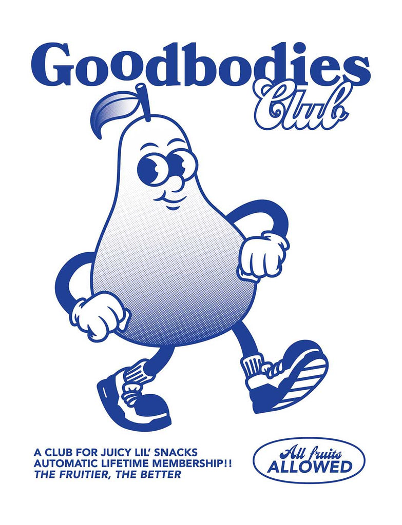 a detail shot of the pear graphic that says "good bodies club: a club for juicy lil' snacks automatic lifetime membership! the fruitier, the better all fruits allowed"